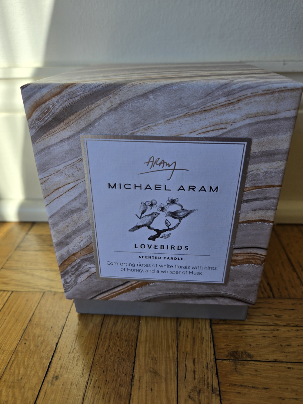 Brand New Michael Aram Marble-Patterned Lovebirds Candle Box in Cream & Brown